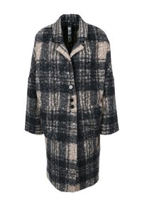 Manteau à carreaux en gris foncé et beige, fabriqué en tissu texturé, avec un col, trois boutons et deux poches latérales.