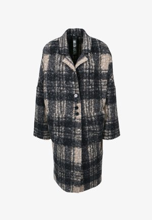 Płaszcz w kratę w ciemnoszarym i beżowym kolorze, wykonany z fakturowanej tkaniny, z kołnierzem, trzema guzikami i dwiema bocznymi kieszeniami.