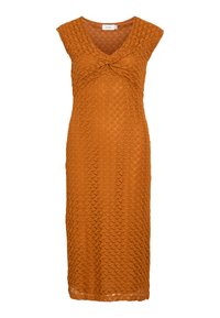 Πορτοκαλί πλέκτο midi φόρεμα με υφασμάτινο σχέδιο διαμαντιού, V-λαιμόκοψη και sleeves μπλούζας. Διαθέτει σχέδιο κορδονιού στη μασχάλη.
