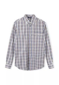 Koszula zapinana na guziki z długim rękawem, w kratę w odcieniach niebieskiego, brązowego i białego, z kieszonką na piersi i klasycznym kołnierzykiem.