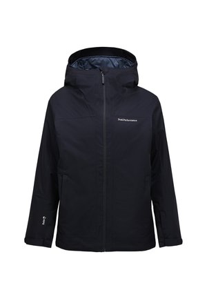 Schwarze wasserdichte Jacke mit Kapuze, Reißverschluss und Logo auf der Brust. Verfügt über lange Ärmel und eine glatte, matte Textur.