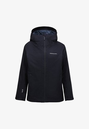 Schwarze wasserdichte Jacke mit Kapuze, Reißverschluss und Logo auf der Brust. Verfügt über lange Ärmel und eine glatte, matte Textur.