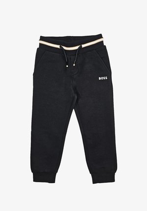 Pantaloni sportivi neri realizzati in tessuto morbido, con una vita elasticizzata e un cordino beige, due tasche laterali e un logo bianco sulla gamba.