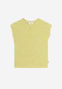 Geel en wit gestreepte short-sleeve top met een ronde hals en een klein logo-detail op de voorkant. Zachte stof, relaxte pasvorm, modern ontwerp.
