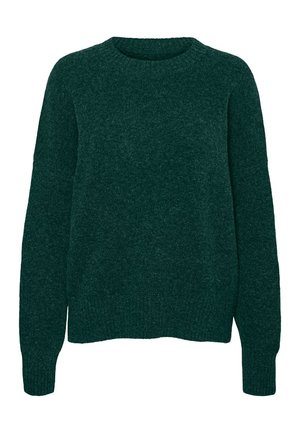 Mørk grønn ull langermet genser med rund hals og ribbestrikkede mansjetter og nederkant, ensfarget strikket tekstur.