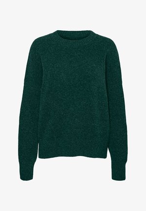 Mørkegrøn uld langærmet sweater med rund hals og ribstrikkede manchetter og kant, ensfarvet strikstruktur.