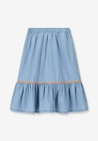 Jupe en coton bleu clair avec une taille élastique, dotée d'un ourlet à volants et d'une garniture orange à motif en vagues au milieu.