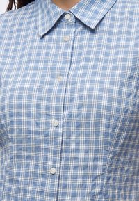 Chemise à carreaux bleue et blanche à boutons avec col pointu, portée par une personne, montrant la partie supérieure de la poitrine et la zone du cou.