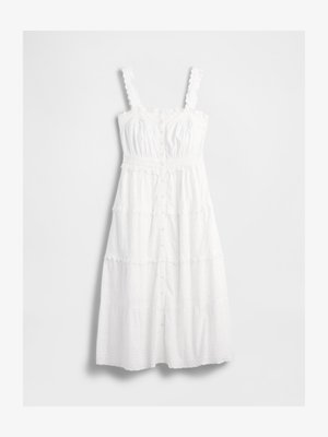 Biała, warstwowa sukienka z lekkiego materiału, z haftowanymi detalami, z zapięciem na guziki i falbaniastymi ramiączkami.