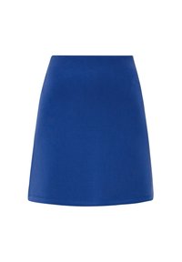 Blauer A-Linien-Rock aus glattem Stoff. Verfügt über einen taillierten Bund und einen sauberen Saum, ohne sichtbare Muster oder Akzente.