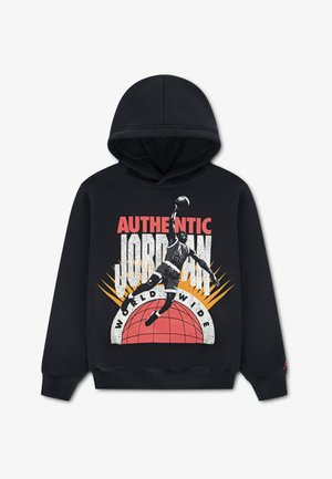 Black hoodie featuring a large graphic of a basketball player, "AUTHENTIC JORDAN WORLDWIDE" text, and vibrant design elements in red and yellow.