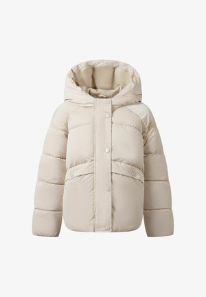 Beige pufferjacka med huva, med kviltade sektioner, framknäppning med tryckknappar och två stora fickor. Mjuk inre foder.