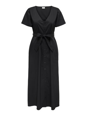 Juoda, trumpomis rankovėmis, midi ilgio su mygtukais priekyje suknelė su V formos iškirpte ir priderintu diržu iš to paties audinio, surištu juosmens srityje.