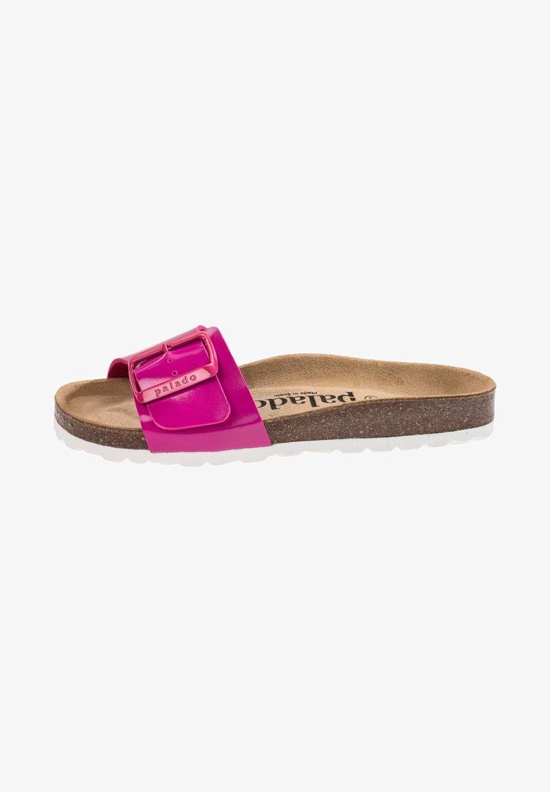 Fuchsia slipper sandaal met een brede band en verstelbare gesp, kurken voetbed en witte rubberen zool, met een soepele, glanzende afwerking.