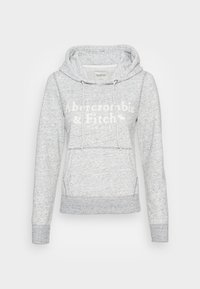 Felpa grigia chiara da donna con tasca frontale, cappuccio con cordino e logo Abercrombie & Fitch di New York sul petto.