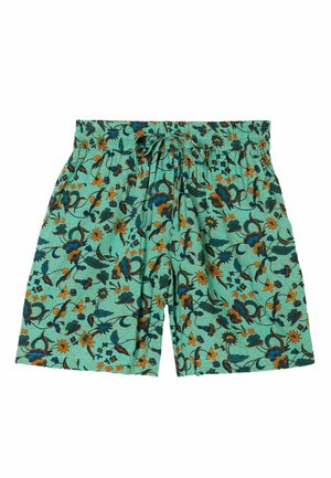 Turquoise shorts with elastic waistband and drawstring, featuring an all-over floral pattern in orange, blue, and dark green tones.