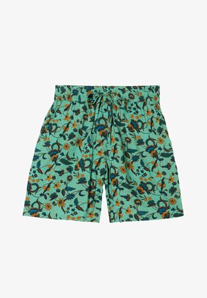 Turquoise shorts with elastic waistband and drawstring, featuring an all-over floral pattern in orange, blue, and dark green tones.