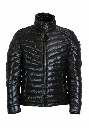 Black padded jacket with a glossy finish, featuring a high collar, zip closure, and diagonal quilted pattern. Two side pockets included.