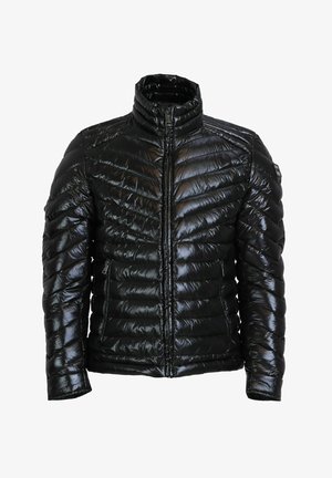 Black padded jacket with a glossy finish, featuring a high collar, zip closure, and diagonal quilted pattern. Two side pockets included.