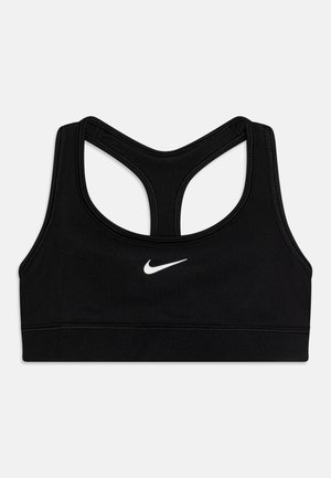 Black sports bra made of stretchy fabric featuring a racerback design, stitching accents, and a white Nike logo on the front.