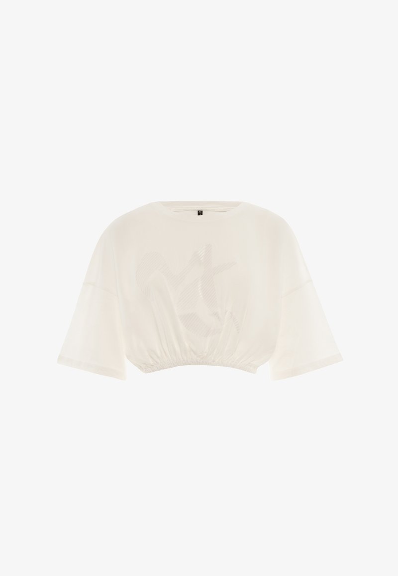 Top corto bianco a maniche corte con maniche ampie e orlo elasticizzato, caratterizzato da un sottile motivo astratto sul davanti.