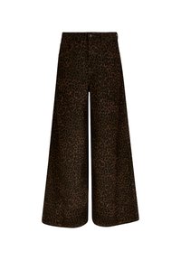 Leopardenmuster-Weitbein-Hosen in Dunkelbraun und Schwarz, mit hoher Taille, vorderen Taschen und Knopfverschluss.