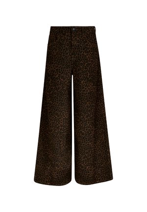 Leopardenmuster-Weitbein-Hosen in Dunkelbraun und Schwarz, mit hoher Taille, vorderen Taschen und Knopfverschluss.