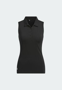 Polo noir sans manches avec col et patte de boutonnage à cinq boutons. Confectionné en tissu lisse avec un minimum de logo sur l'ourlet.