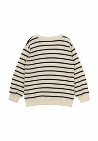 Pullover crema con righe orizzontali blu scuro, scollatura rotonda e maniche lunghe. Tessuto morbido e polsini elastici ai polsi e all'orlo.