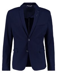 Navy blue blazer made of smooth fabric, featuring a notched lapel, two-button front, side pockets, and a single chest pocket.