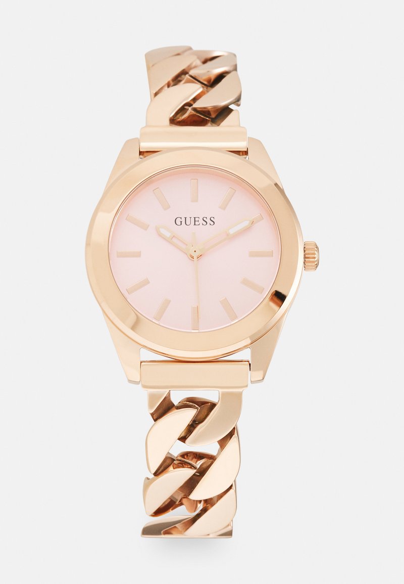 Roségoldene Uhr mit rundem Ziffernblatt, pinkem Zifferblatt und metallischen Stundenmarkierungen. Verfügt über ein massives Gliederarmband und eine Krone zur Anpassung.