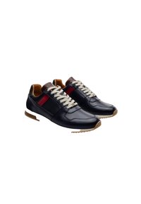 Navy leather sneakers with beige laces and a textured panel. Brown accents on the heel and midsole, featuring a red stripe detail.