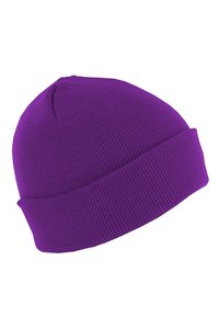 Gorro de punto morado con dobladillo, mostrado desde un ángulo de tres cuartos sobre un fondo blanco.