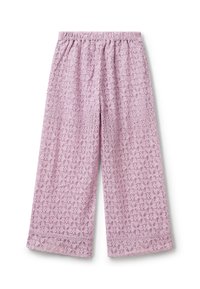 Helllila, weite Hosen aus Spitze mit Blumenmustern. Mit einem elastischen Bund und Spitzenbesatz am Saum.
