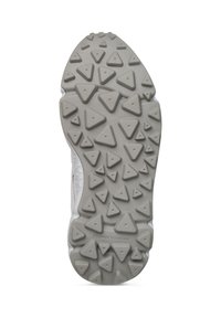 Suola di una scarpa, in gomma testurizzata di colore grigio chiaro con motivi di battistrada a forma triangolare. Include il nome del marchio "Flower Mountain" impresso.