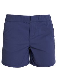 Pantalones cortos azul marino, hechos de tela ligera, que cuentan con una cinturilla elástica, bolsillos laterales y un corte relajado con costuras limpias.