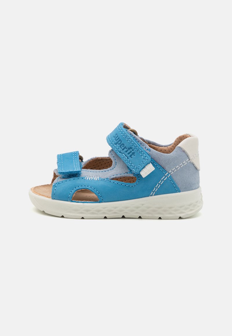 Blue suede sandals with adjustable Velcro straps, open design, and white rubber soles. Features light blue accents and perforated detailing.