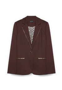Burgundská blejzr s přiléhavým střihem, zlaté akcenty na kapsách a klopě, a podšívka s leopardím vzorem. Zapínání na jeden knoflík.