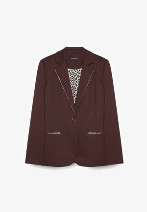 Blazer burgundy cu un design ajustat, accente aurii pe buzunare și rever, și o căptușeală cu imprimeu de leopard. Închidere cu un singur nasture.