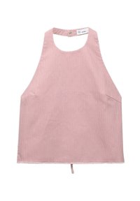 Haut sans manches rayé rose avec un col haut, un dos arrondi et une poche latérale. Dispose de finitions brutes sur l'ourlet et d'une fermeture à bouton au cou.