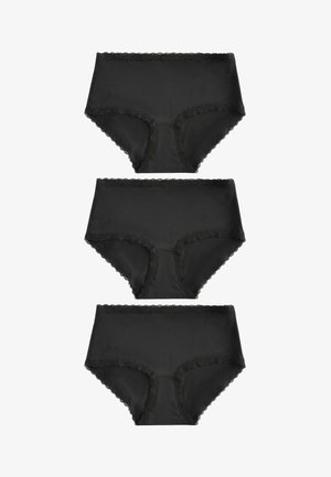 Mustat, korkeavyötäröiset alushousut, joissa on pitsireunus, tarjoavat sileän pinnan ja täydellisen peiton, esillä kolmella päällekkäin.