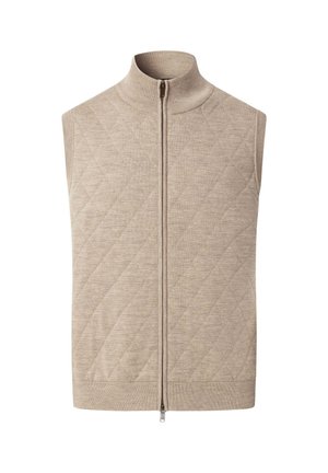 Beige mouwloos vest met hoge kraag, ritssluiting en gewatteerde textuur. Gemaakt van zachte stof, met een eenvoudig, minimalistisch ontwerp.