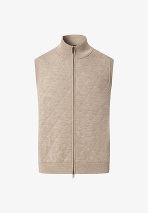 Beige mouwloos vest met hoge kraag, ritssluiting en gewatteerde textuur. Gemaakt van zachte stof, met een eenvoudig, minimalistisch ontwerp.
