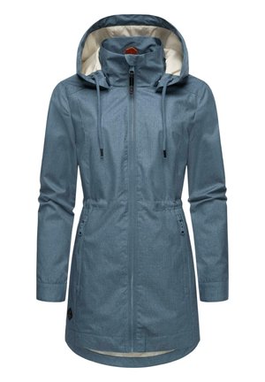 Veste imperméable bleu clair avec capuche réglable, fermeture éclair à l'avant, taille à cordon et poches latérales. Texture lisse, intérieur doublé.