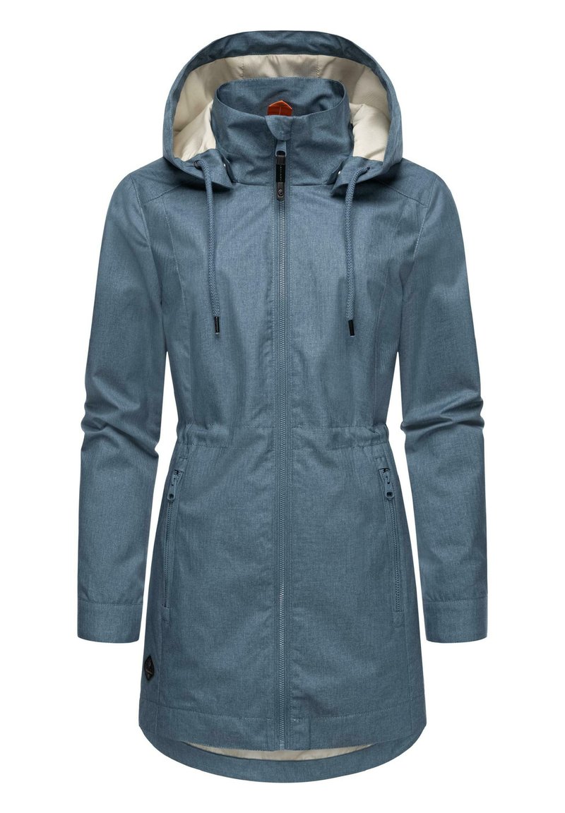 Veste imperméable bleu clair avec capuche réglable, fermeture éclair à l'avant, taille à cordon et poches latérales. Texture lisse, intérieur doublé.