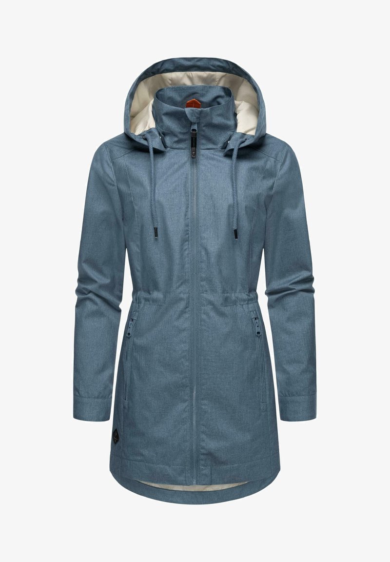 Gaiši zils ūdensnecaurlaidīgs jaka ar regulējamu kapuci, priekšējo rāvējslēdzēju, regulējamu jostasvietu un sānu kabatām. Gluda tekstūra, oderēta iekšpuse.