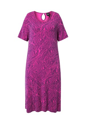 Lyhythihainen polvipituinen magentanvärinen mekko, jossa tummanvioletti lehtikuvio ja avonainen kaula-aukko.