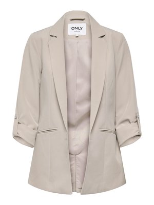 Blazer beige con una trama liscia, caratterizzato da un bavero con risvolto a incastro, due tasche frontali e maniche arrotolate con dettaglio a bottone. Interno completamente foderato.