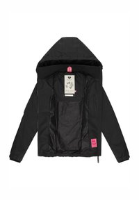 Juodas zip-up džemperis su kapišonu, turintis siuvinėtą vidinę dalį, rožinės spalvos akcentų etiketę ir gumines rankoves. Išklotas su raštuotu audiniu.