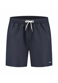 Marine zwemshorts van lichtgewicht stof, met een elastische tailleband en een witte koordsluiting, en subtiele branding op het rechterbeen.